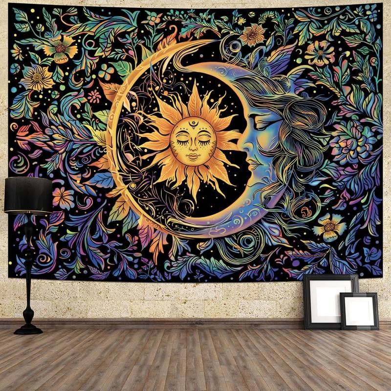 Sun and Moon Tapestry Psychedelic Mystic Floral Tapestry Hippie Boho Flower Plants Wall Tapestry Vintage Aesthetic Tapestry Wall Hanging for Bedroom