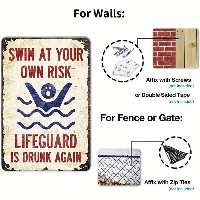 Swim At Your Own Risk Lifeguard Sign, 1 Count Retro Warning Tin Sign, Wall Decor for Home Pool & Beach, Beach Party Decoration