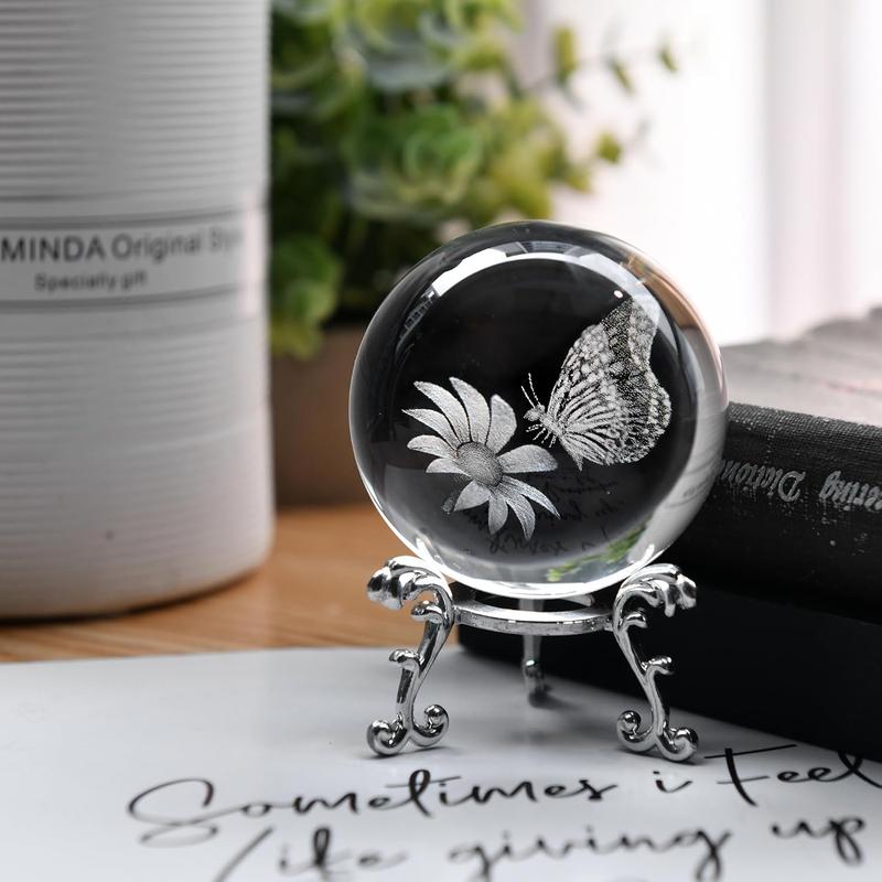 OneLight 3D Butterfly Crystal Ball 60mm Gifts Ideas for Girlfriend Wife Mom Couple Birthday, Christmas Gift Her Butterfly on Sunflower in Glass Ball with Stand Butterfly Sphere Novelty Home Decor