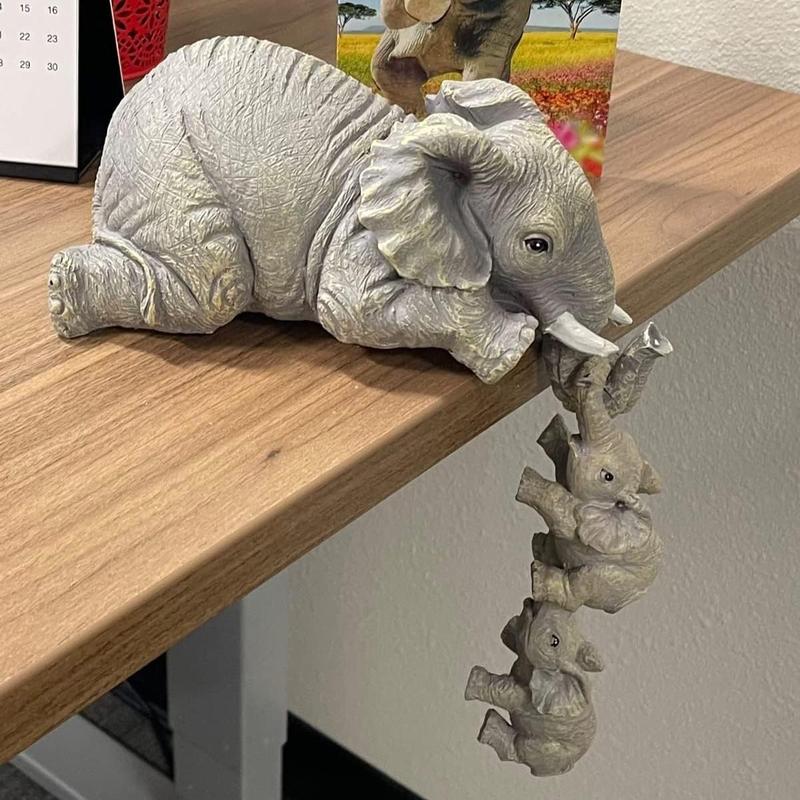 3Pcs Set Elephant Shelf Sitter, Mother Elephant Hanging Baby Elephants, Mantelpiece Decoration, Elephant Statue Sculpture Resin Figurines for Home Decor Ornaments