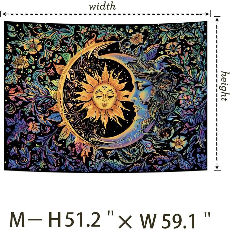 Sun and Moon Tapestry Psychedelic Mystic Floral Tapestry Hippie Boho Flower Plants Wall Tapestry Vintage Aesthetic Tapestry Wall Hanging for Bedroom