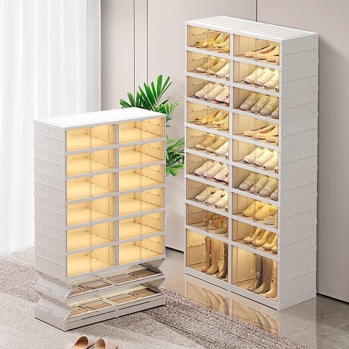 Special Offers--9-Tier Foldable Shoe Rack Box - Clear Plastic Stackable Shoe Cabinet, Space-Saving Storage Organizer, Magnetic Storage Cabinets, Collapsible Shoeboxes