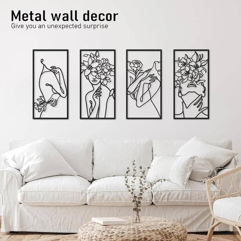 Abstract Figure Line & Flower Pattern Home Decor Wall Art, 4 Counts Modern Simple Iron Wall Decor, Wall Hanging Decor for Home Living Room Bedroom, Birthday Gift Ideas, Back To School Supplies, Room Decor, Summer Decor 2024