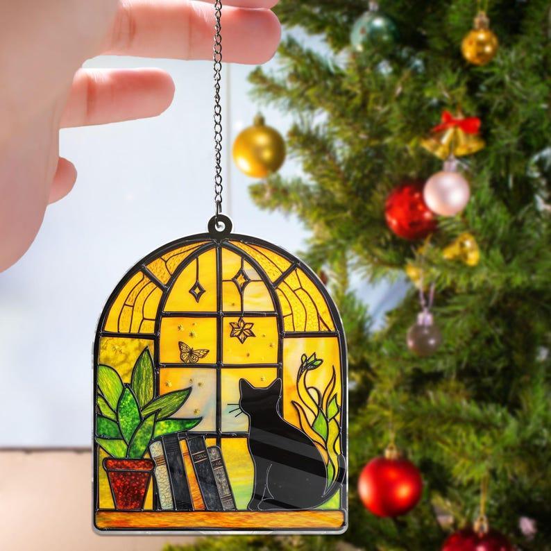 Black Cat And Book Suncatcher Ornament, Book Window Decor, Book Lover Gift Reading Cat Acrylic Window Hanging Cat Lover Gift, Librarian Gift