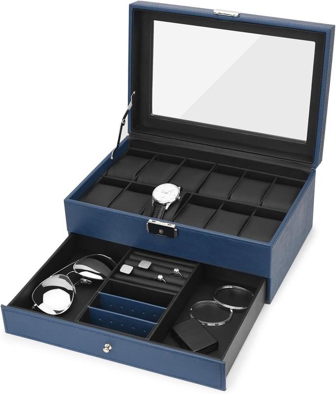 Premium PU Leather Watch Box Jewelry Drawer Organizer with 12 Display Slots and Clear Glass Lid, Royal Blue Color Gift Velvet Case