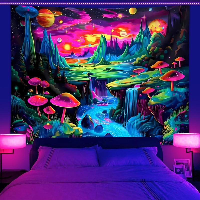 Neon Mushroom Landscape Tapestry, 1 Count UV Responsive Black Light Tapestry with Installed Accessories, Wall Decor for Home Living Room Bedroom