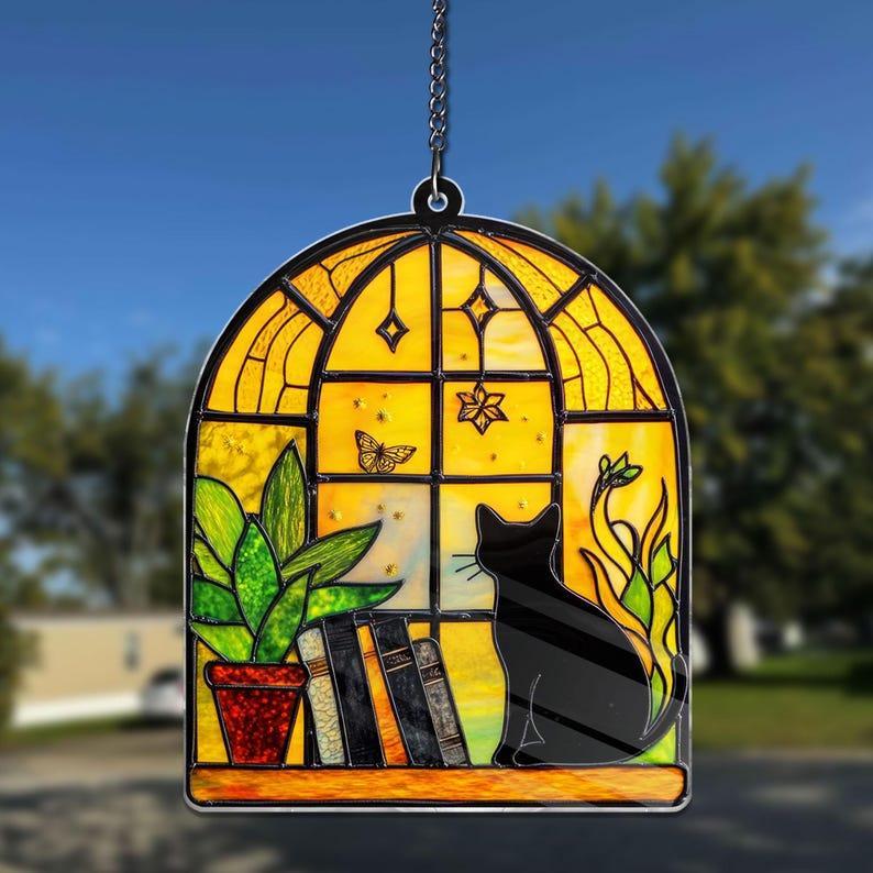 Black Cat And Book Suncatcher Ornament, Book Window Decor, Book Lover Gift Reading Cat Acrylic Window Hanging Cat Lover Gift, Librarian Gift