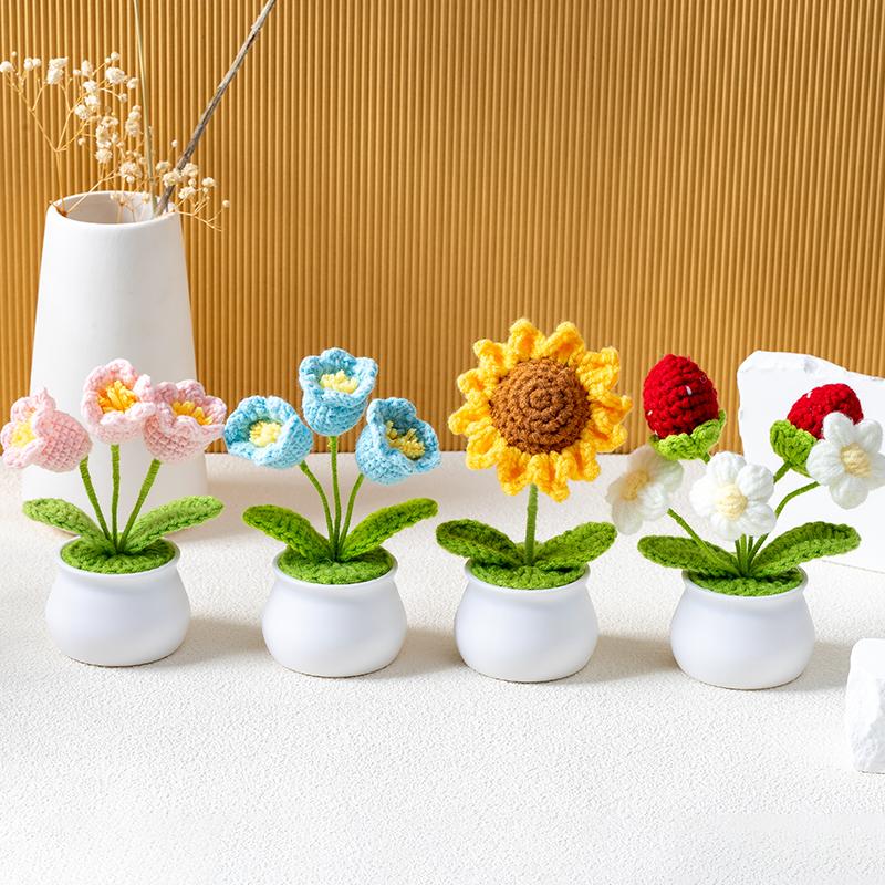 Handmade Knitted Flower Potted Plant Crochet Flower Knit Flowers Decor for Home Office Gift to Christmas Holidays Women Girls Decorative Fruit