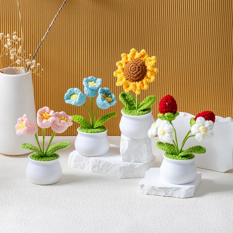 Handmade Knitted Flower Potted Plant Crochet Flower Knit Flowers Decor for Home Office Gift to Christmas Holidays Women Girls Decorative Fruit