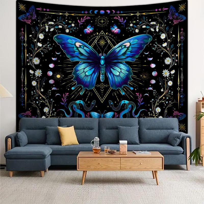 Butterfly & Floral Pattern Tapestry, Boho Style Wall Hanging Blanket, Wall Art Decor for Home Living Room Bedroom Dorm