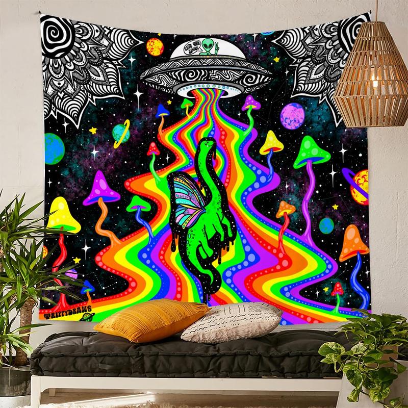 Alien & Butterfly Print Tapestry, 1 Count Aesthetic Spaceship Dinosaur Pattern Wall Hanging Tapestry, Decorative Wall Art for Home Living Room