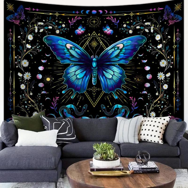 Butterfly & Floral Pattern Tapestry, Boho Style Wall Hanging Blanket, Wall Art Decor for Home Living Room Bedroom Dorm