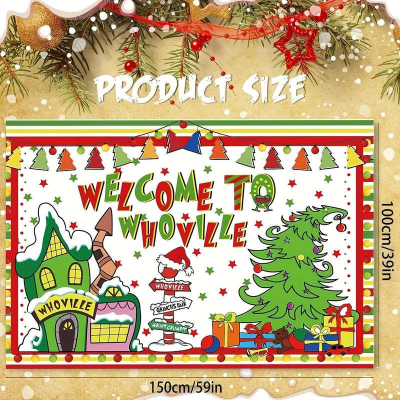 Christmas Themed Backdrop, 1 Count Welcome To Whoville Backdrop, Xmas Background Party Photo Booth Props for Winter Holiday Birthday Vacation Party