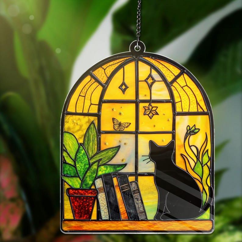 Black Cat And Book Suncatcher Ornament, Book Window Decor, Book Lover Gift Reading Cat Acrylic Window Hanging Cat Lover Gift, Librarian Gift