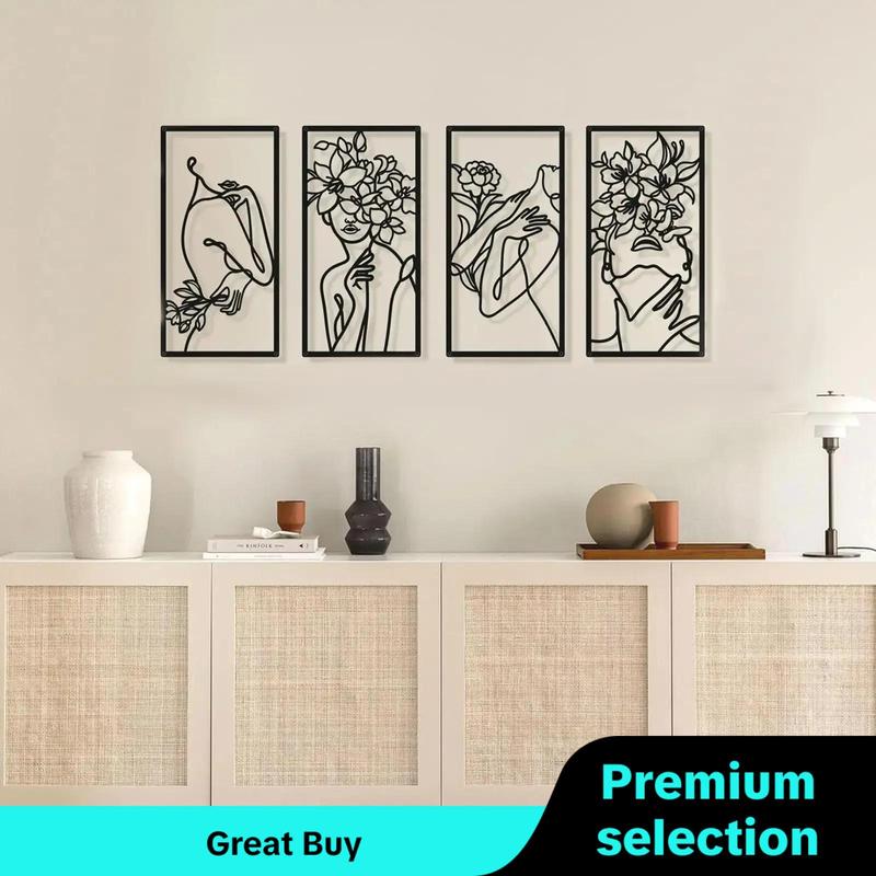 Abstract Figure Line & Flower Pattern Home Decor Wall Art, 4 Counts Modern Simple Iron Wall Decor, Wall Hanging Decor for Home Living Room Bedroom, Birthday Gift Ideas, Back To School Supplies, Room Decor, Summer Decor 2024