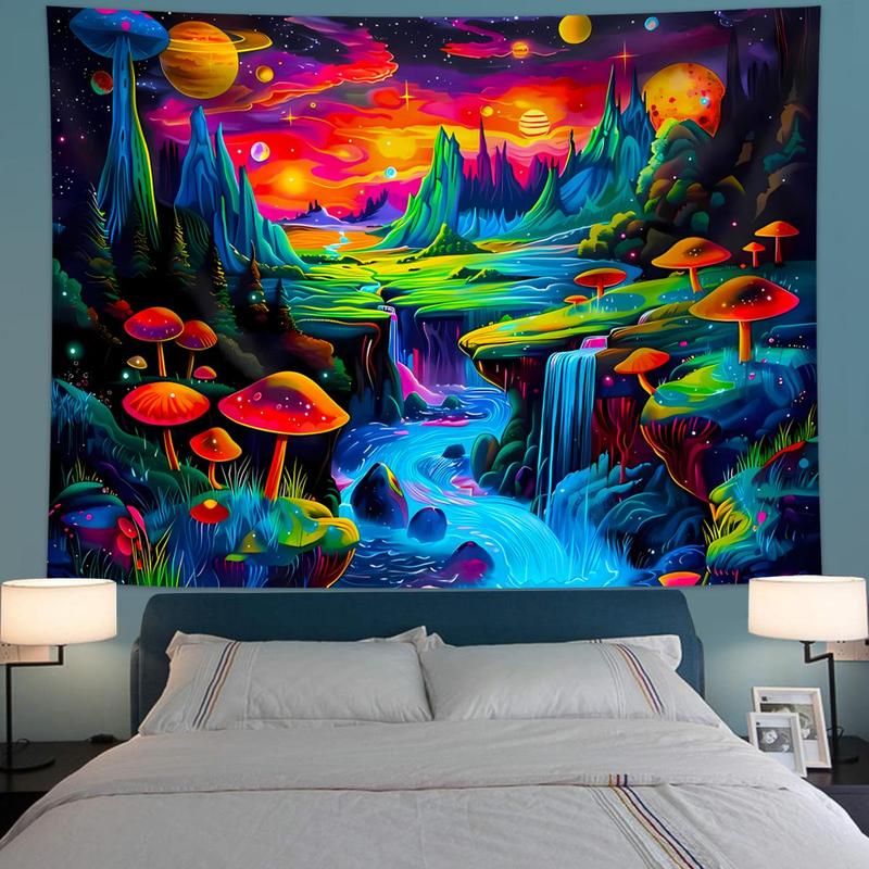 Neon Mushroom Landscape Tapestry, 1 Count UV Responsive Black Light Tapestry with Installed Accessories, Wall Decor for Home Living Room Bedroom