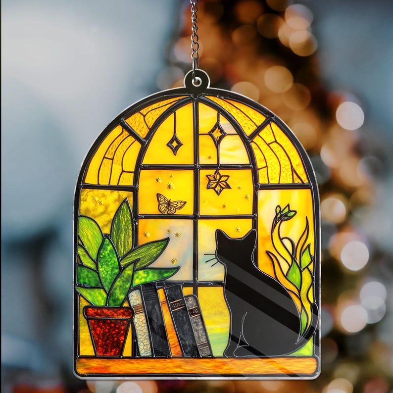 Black Cat And Book Suncatcher Ornament, Book Window Decor, Book Lover Gift Reading Cat Acrylic Window Hanging Cat Lover Gift, Librarian Gift