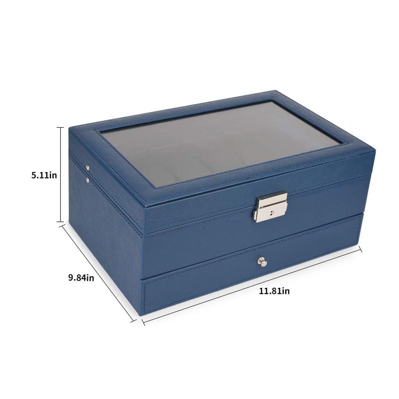 Premium PU Leather Watch Box Jewelry Drawer Organizer with 12 Display Slots and Clear Glass Lid, Royal Blue Color Gift Velvet Case