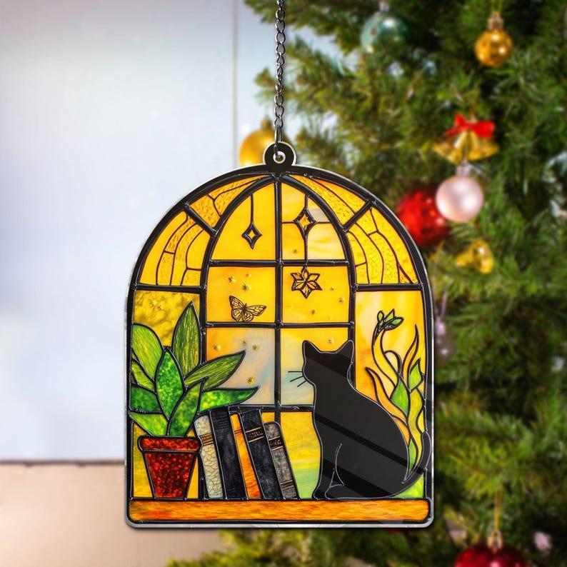 Black Cat And Book Suncatcher Ornament, Book Window Decor, Book Lover Gift Reading Cat Acrylic Window Hanging Cat Lover Gift, Librarian Gift