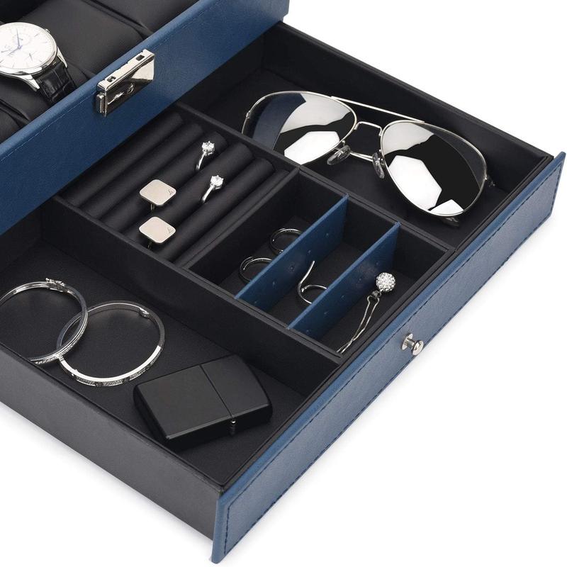 Premium PU Leather Watch Box Jewelry Drawer Organizer with 12 Display Slots and Clear Glass Lid, Royal Blue Color Gift Velvet Case