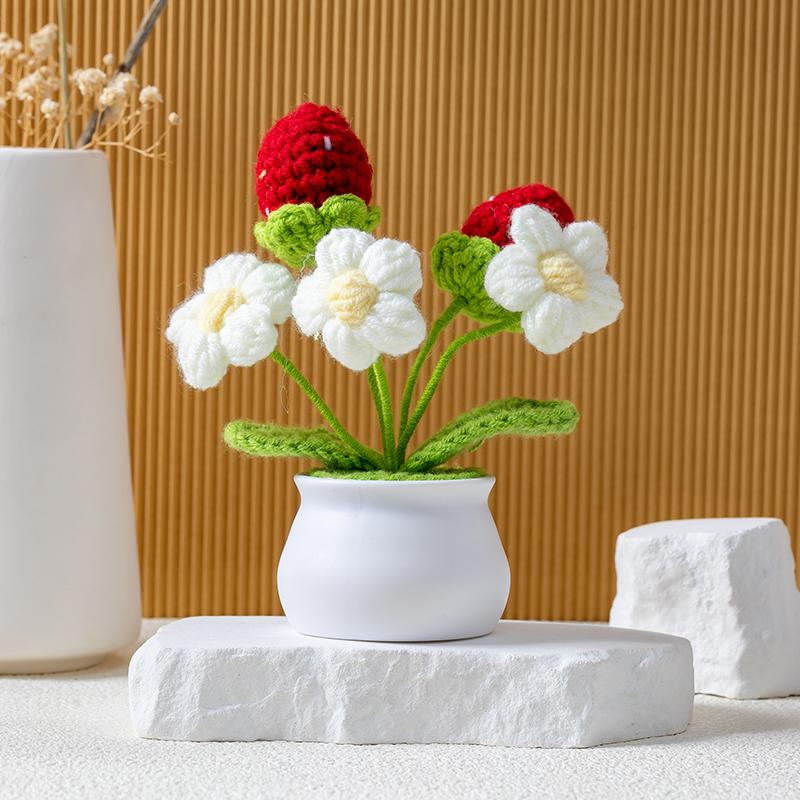 Handmade Knitted Flower Potted Plant Crochet Flower Knit Flowers Decor for Home Office Gift to Christmas Holidays Women Girls Decorative Fruit