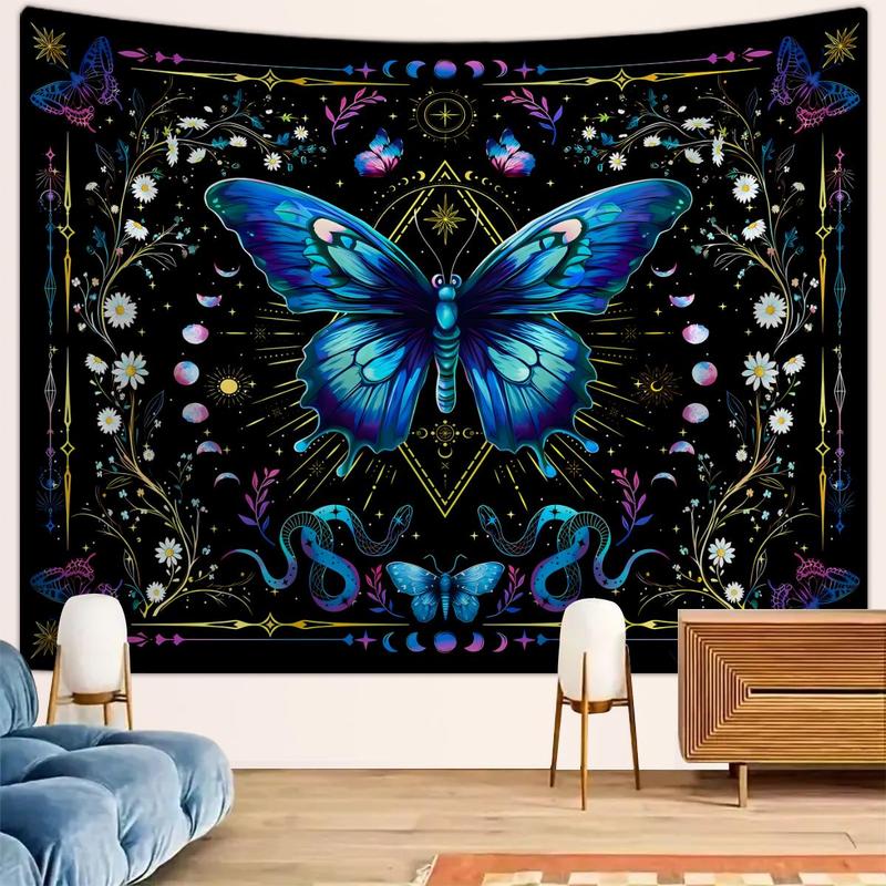 Butterfly & Floral Pattern Tapestry, Boho Style Wall Hanging Blanket, Wall Art Decor for Home Living Room Bedroom Dorm