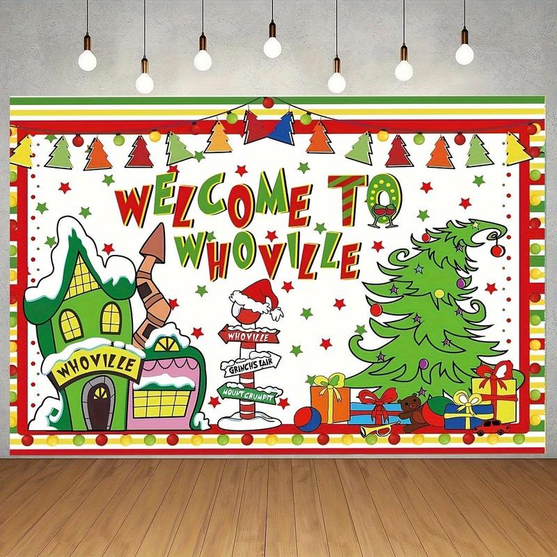 Christmas Themed Backdrop, 1 Count Welcome To Whoville Backdrop, Xmas Background Party Photo Booth Props for Winter Holiday Birthday Vacation Party