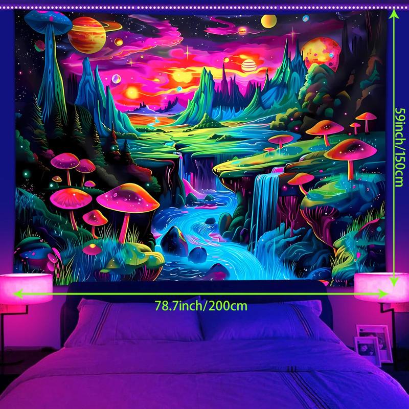 Neon Mushroom Landscape Tapestry, 1 Count UV Responsive Black Light Tapestry with Installed Accessories, Wall Decor for Home Living Room Bedroom