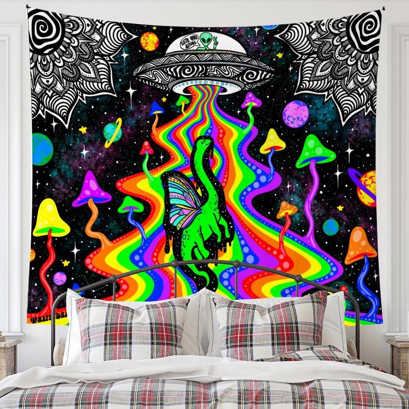 Alien & Butterfly Print Tapestry, 1 Count Aesthetic Spaceship Dinosaur Pattern Wall Hanging Tapestry, Decorative Wall Art for Home Living Room