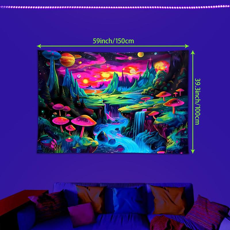 Neon Mushroom Landscape Tapestry, 1 Count UV Responsive Black Light Tapestry with Installed Accessories, Wall Decor for Home Living Room Bedroom