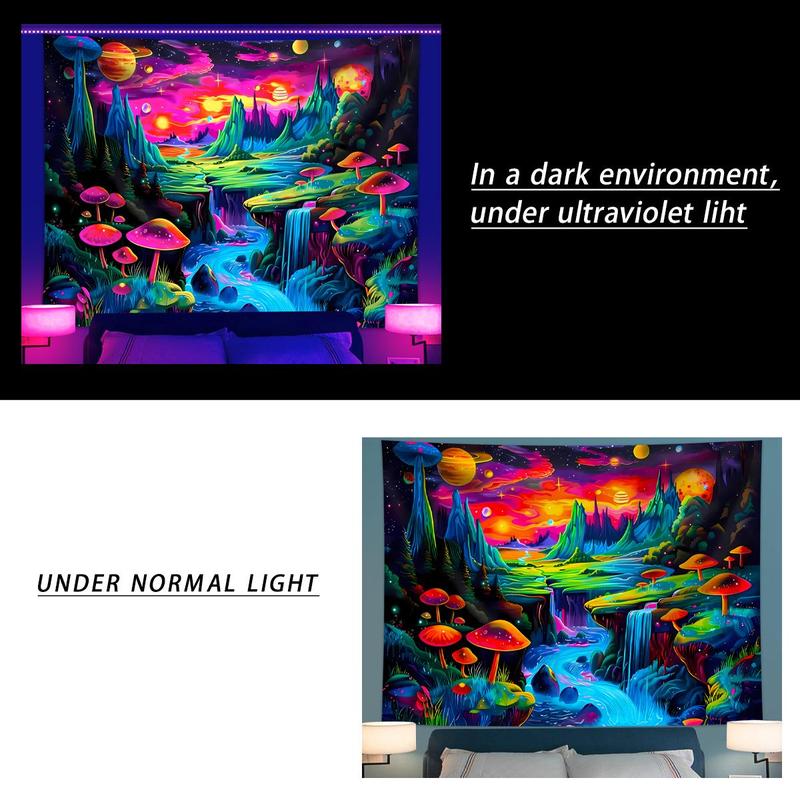 Neon Mushroom Landscape Tapestry, 1 Count UV Responsive Black Light Tapestry with Installed Accessories, Wall Decor for Home Living Room Bedroom