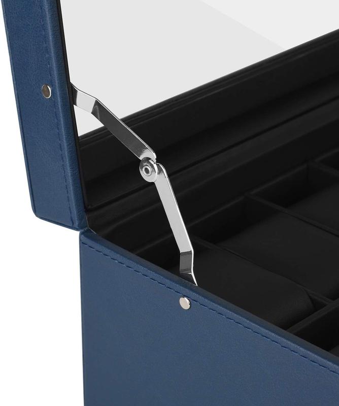 Premium PU Leather Watch Box Jewelry Drawer Organizer with 12 Display Slots and Clear Glass Lid, Royal Blue Color Gift Velvet Case