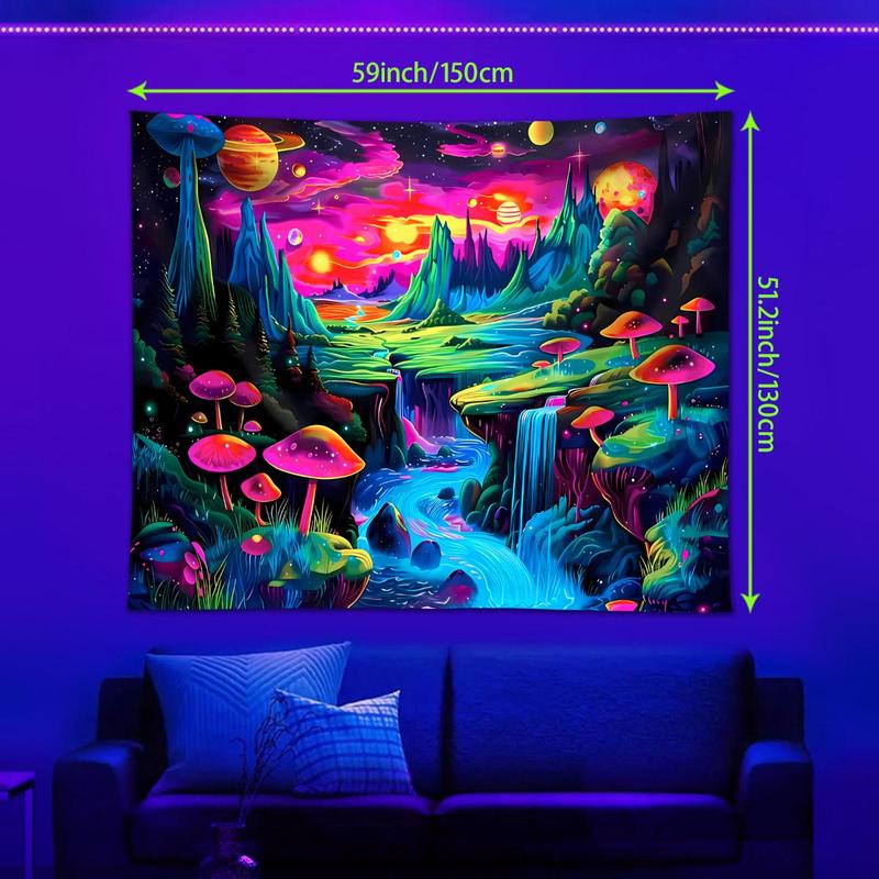 Neon Mushroom Landscape Tapestry, 1 Count UV Responsive Black Light Tapestry with Installed Accessories, Wall Decor for Home Living Room Bedroom