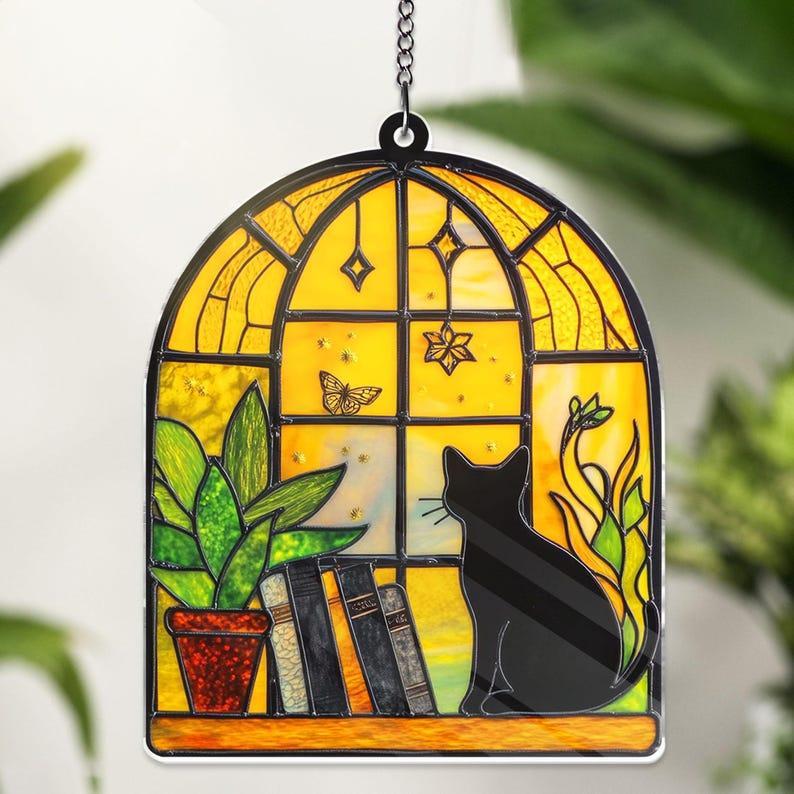 Black Cat And Book Suncatcher Ornament, Book Window Decor, Book Lover Gift Reading Cat Acrylic Window Hanging Cat Lover Gift, Librarian Gift