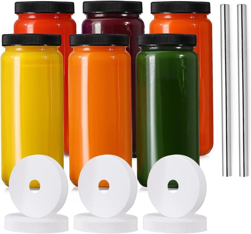 Glass Juice Bottles with lids, 6 Pack with 2 Straws & 6 Lids with Hole- 16 oz Travel Drinking Jars,Juicing bottles Reusable Glass Mason Jar for Juice,Bubble , Smoothie, , Kombucha