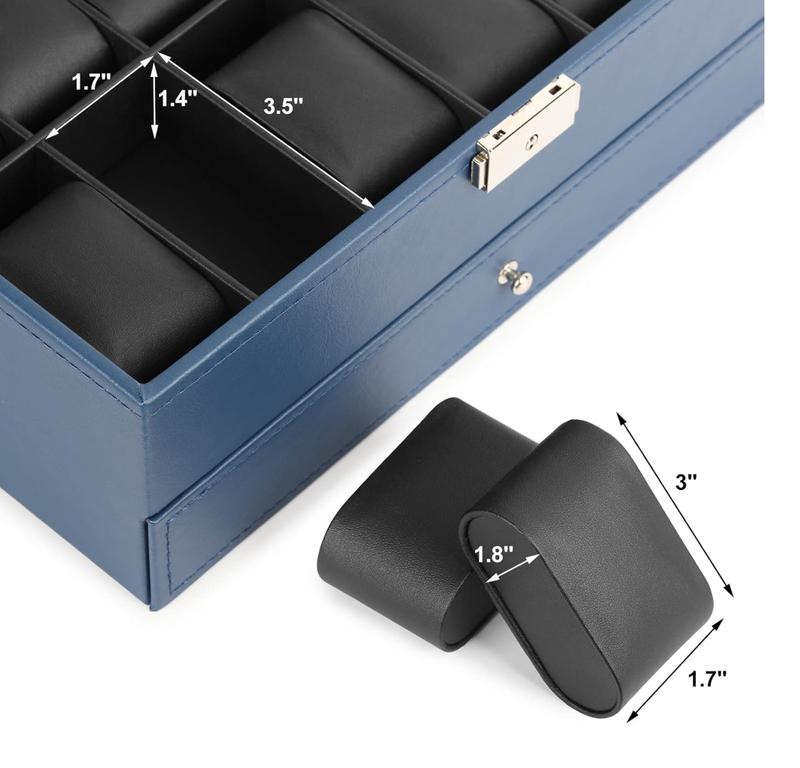 Premium PU Leather Watch Box Jewelry Drawer Organizer with 12 Display Slots and Clear Glass Lid, Royal Blue Color Gift Velvet Case