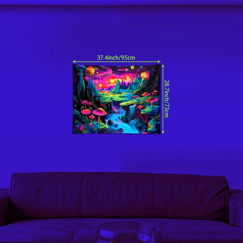 Neon Mushroom Landscape Tapestry, 1 Count UV Responsive Black Light Tapestry with Installed Accessories, Wall Decor for Home Living Room Bedroom