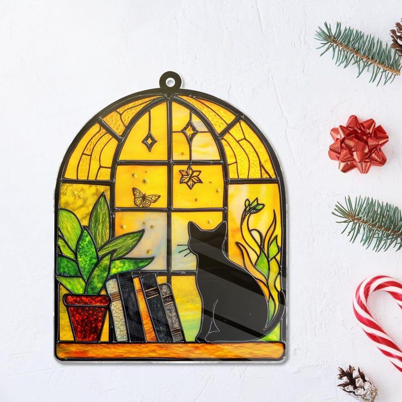 Black Cat And Book Suncatcher Ornament, Book Window Decor, Book Lover Gift Reading Cat Acrylic Window Hanging Cat Lover Gift, Librarian Gift