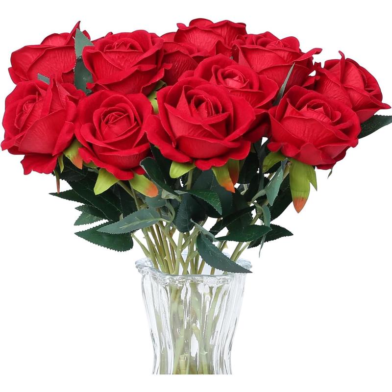 15PCS Red Roses Artificial Silk Flowers Fake Roses Bouquet with Long Stem Real Touch for Wedding Decoration Party Home Decor