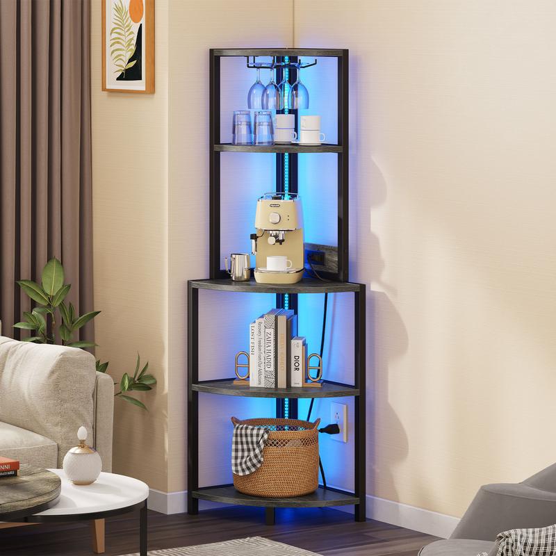 YITAHOME Corner Shelf with Power Outlets & LED Lights & Glass Holder, 5 Tier Corner Bar Rack, Corner Bookshelf Bookcase Display Shelves for Living Room, Dining Room, Kitchen