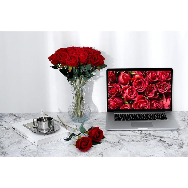 15PCS Red Roses Artificial Silk Flowers Fake Roses Bouquet with Long Stem Real Touch for Wedding Decoration Party Home Decor