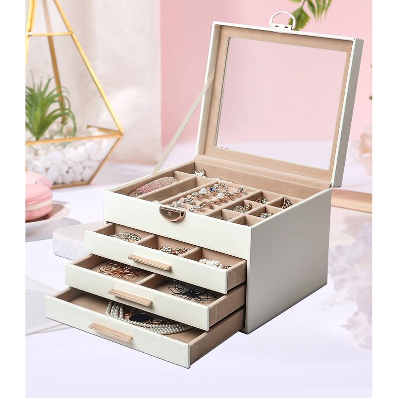 Elegant Jewelry Box Organizer for Women, 4-Layer Jewelry Organizer, 3-Drawers Cover Gift Transparent Case Smooth