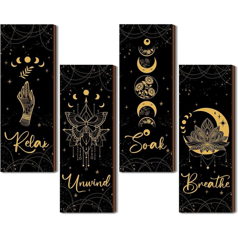 4 count Rustic Boho Wall Decor Moon Phases Wall Art Witchy Room Decor Relax Soak Unwind Breathe Moon Phase Wall Hanging Gothic Minimalist Wall Pediments Farmhouse Moon Wall Sign for Bathroom Decoration