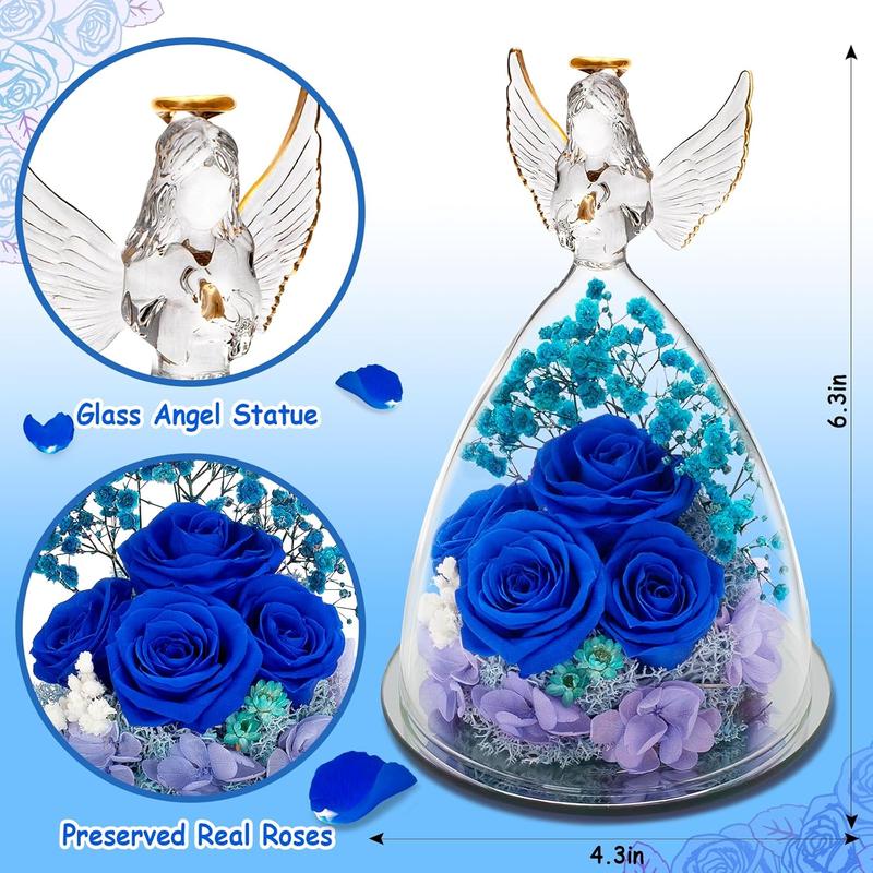 Mothers Day Rose Gifts for Mom, Preserved Flower Gifts for Grandma, 4 Blue Roses in Glass Angel Figurines with LED Light for Women, Mom gifts from Daughter, Ideal Mother's Day, Birthday Gifts for Her