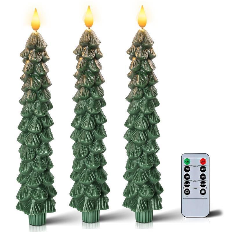 Christmas Tree Shaped Flameless Taper Candle without Battery, 3 Counts Battery Operated LED Candle with Remote Control, Decorative Candle for Home Party Wedding