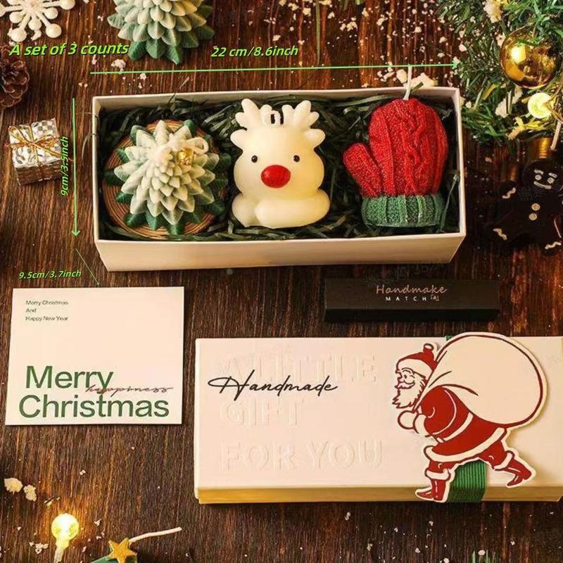 Creative Deer & Christmas Tree & Gloves Shaped Candle, 3 Counts set Christmas Themed Scented Candle with Gift Box, Holiday Gift for Girlfriend  Colleague Family