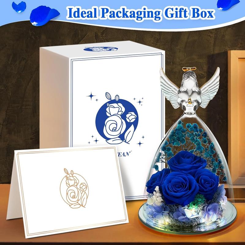 Mothers Day Rose Gifts for Mom, Preserved Flower Gifts for Grandma, 4 Blue Roses in Glass Angel Figurines with LED Light for Women, Mom gifts from Daughter, Ideal Mother's Day, Birthday Gifts for Her