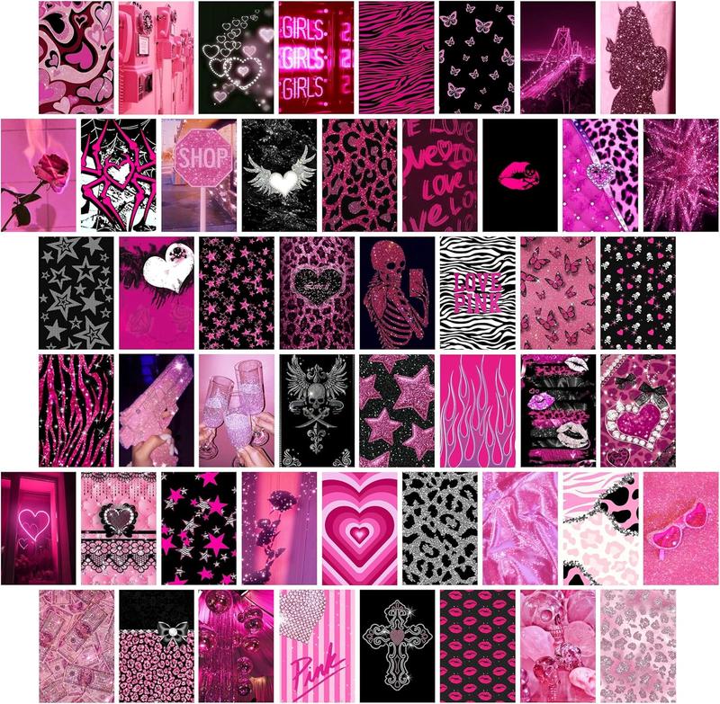 Room Decor Aesthetic Wall Collage Kit, Trashy Y2k Posters for Girls bedroom, 2000s Hot Pink Wall Art, Emo Baddie Prints for women Apartment.(Set of 50, 4