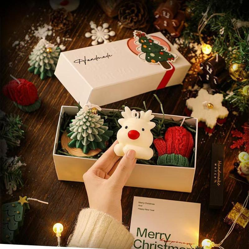 Creative Deer & Christmas Tree & Gloves Shaped Candle, 3 Counts set Christmas Themed Scented Candle with Gift Box, Holiday Gift for Girlfriend  Colleague Family