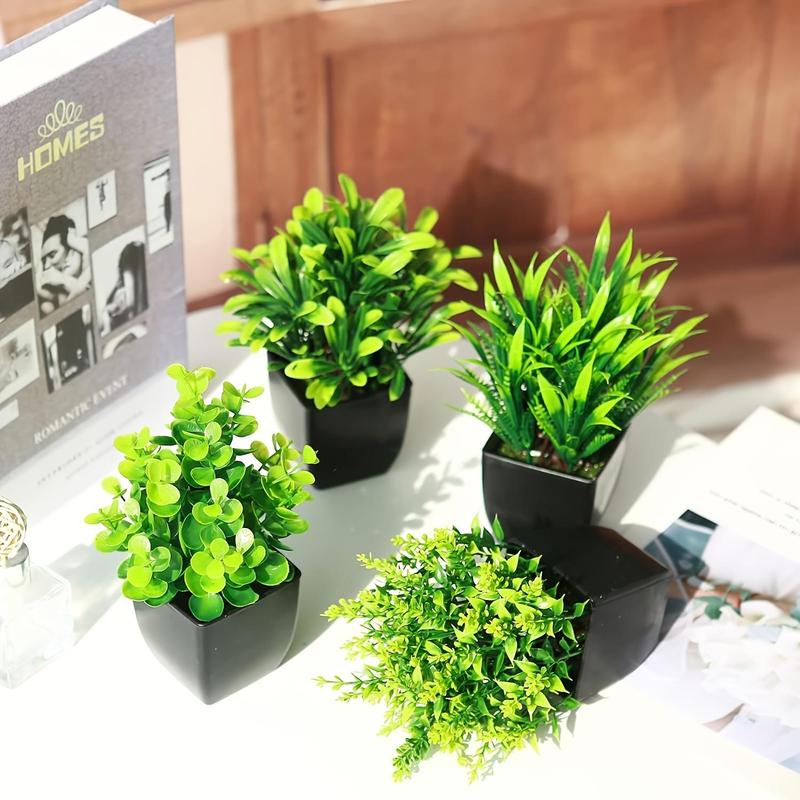 Artificial Potted Plant, 4 Counts set Mini Faux Eucalyptus Potted Plant, Small Faux Grass Greenery Potted Plants for Indoor Home Office Farmhouse Decoration